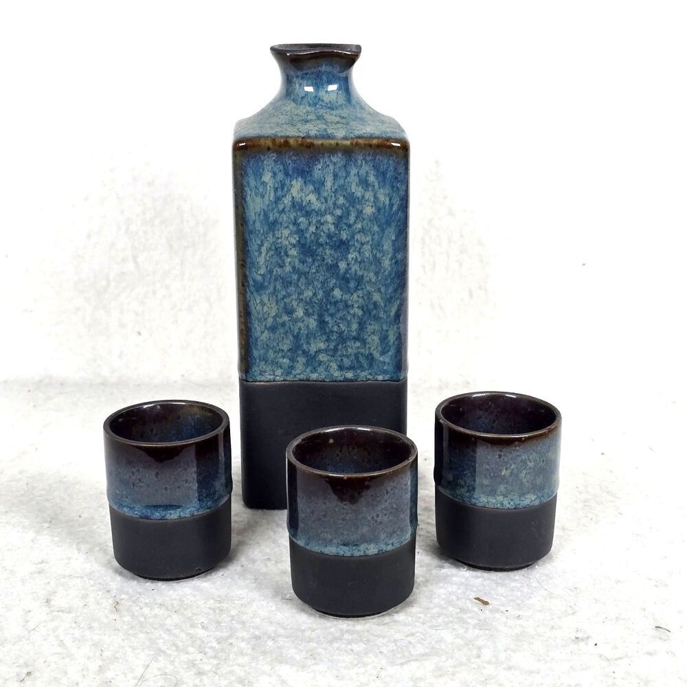 Set Of 4 Japanese Sushi Sake Bottle & Cups Blue Namako Brown Matte